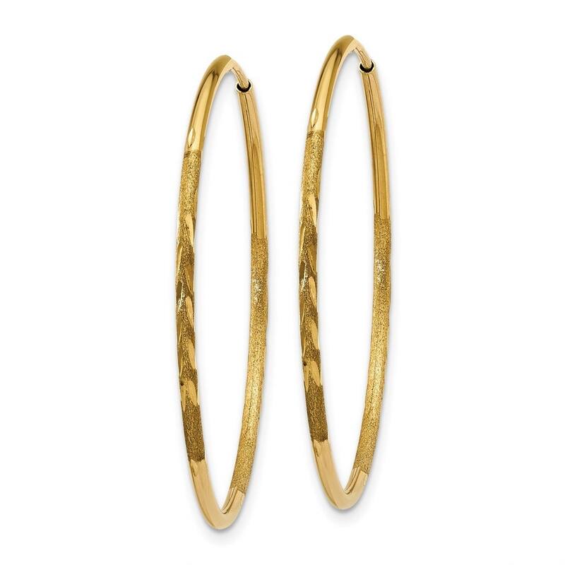 Curata 14k Yellow Gold Satin 1.25x30mm Diamond-Cut Endless Hoop Earrings