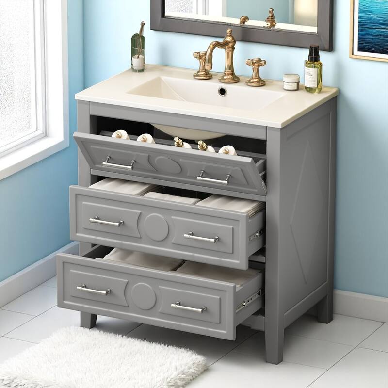 30" Bathroom Vanity with Ceramic Sink, 3 Drawers, Solid Wood Frame,Retro Cabinet, Pre-Drilled for 4" Faucet, Storage Organizer