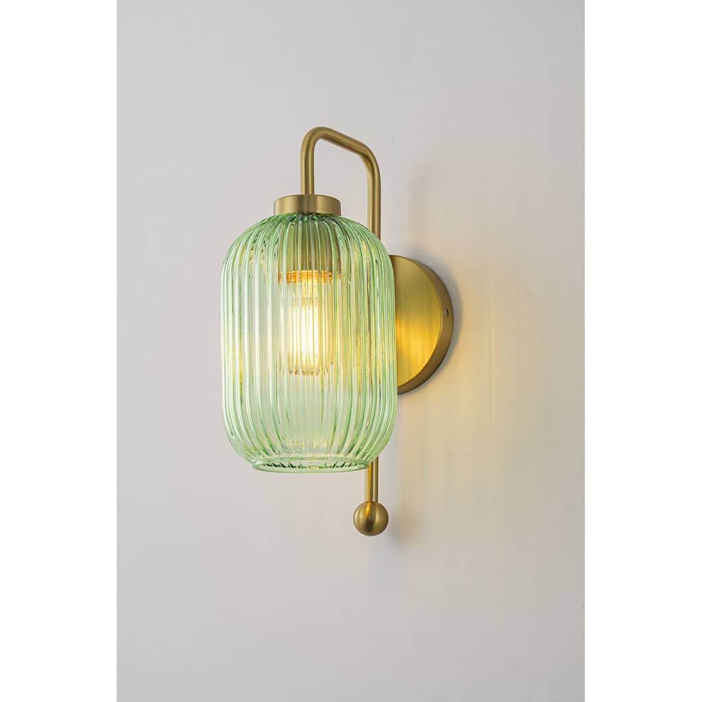 1-Light Green Striped Lantern Glass Wall Sconce - 5.5" W × 8.3" D × 13" H