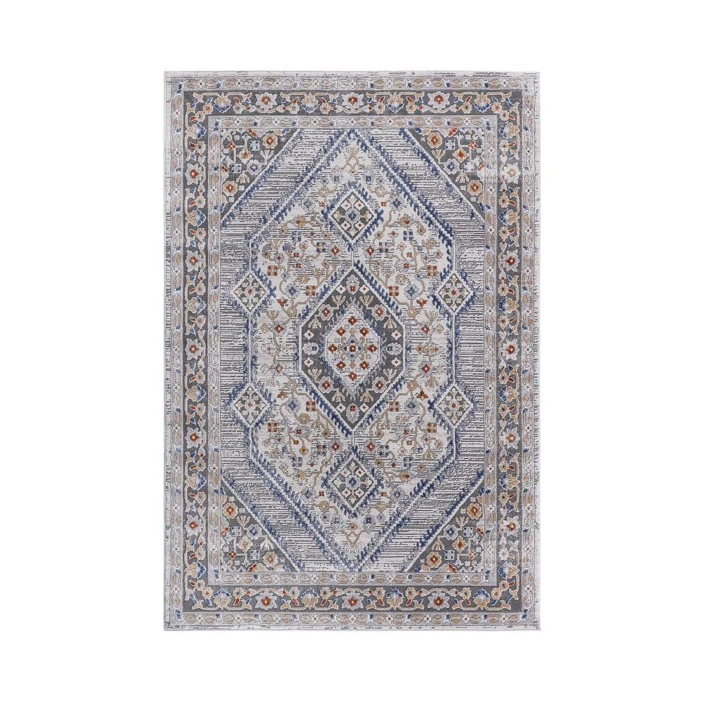 LOOM & LUXE Collection Blue/Cream/Bordered Non-Shedding Area Rug