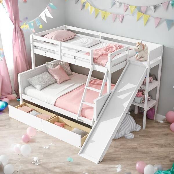 slide 2 of 20, Twin over Full Bunk Bed with 2 Drawers, Slide, Shelves, Ladder White