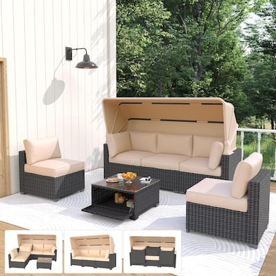 6 Pieces Patio Furniture Set, Wicker Patio Furniture Sofa with Retractable Canopy