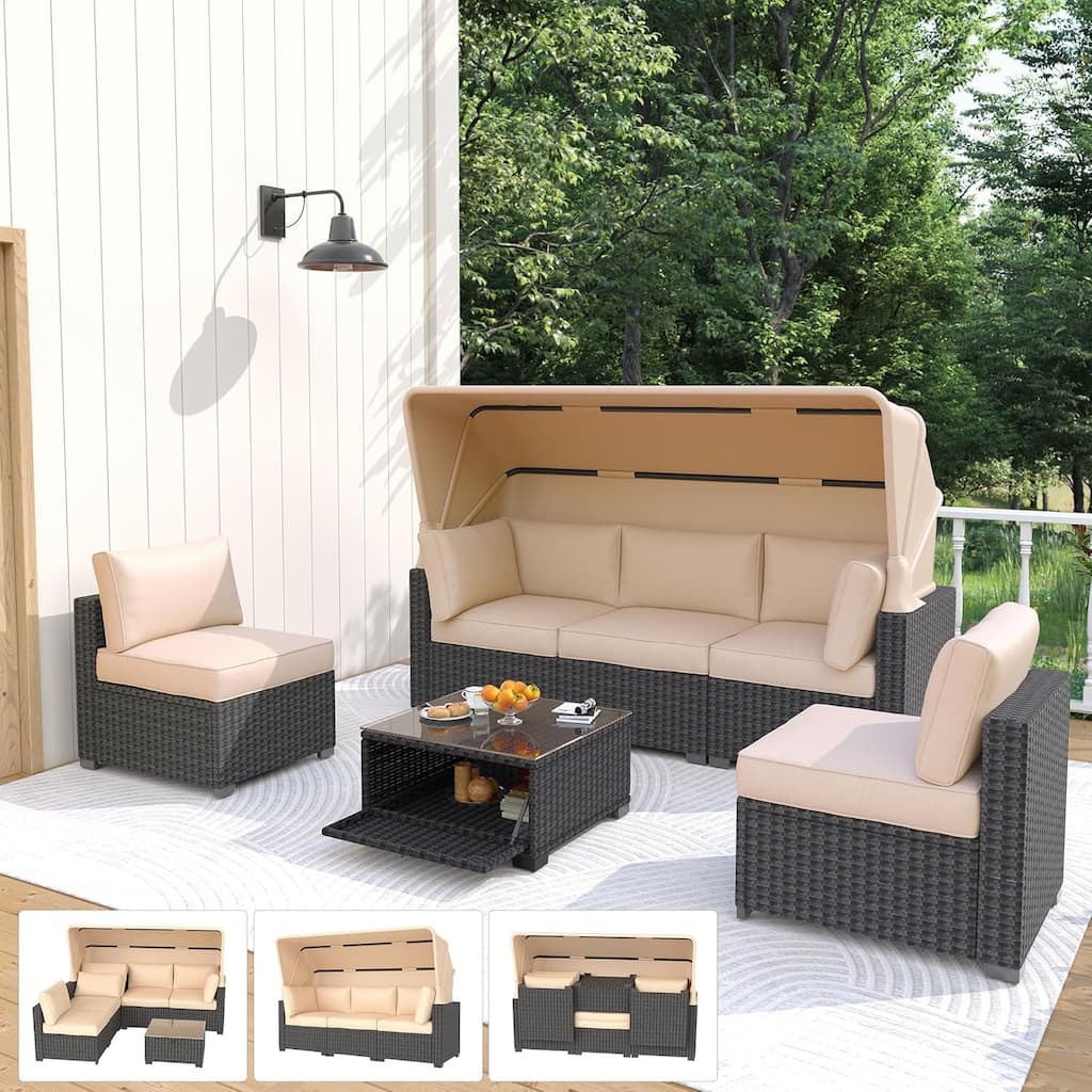 6 Pieces Patio Furniture Set, Wicker Patio Furniture Sofa with Retractable Canopy
