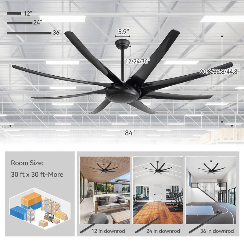 Large 100/84-inch 8-Blade Matte Black Ceiling Fan with Remote,No Light