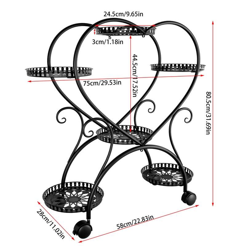 6 Potted Heart Shape Metal Plant Stand Rolling Flower Pot Organizer Display Rack