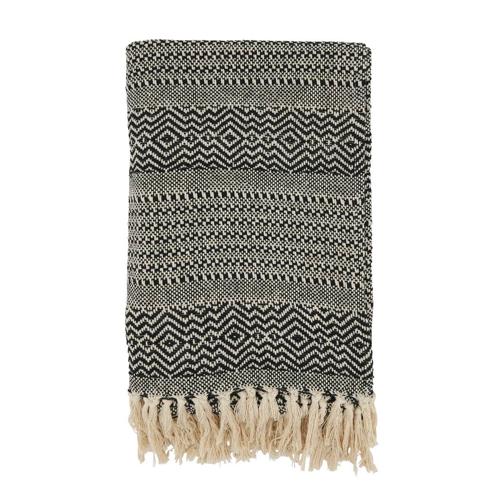 Stripe Diamond-Patterned Fringed Throw