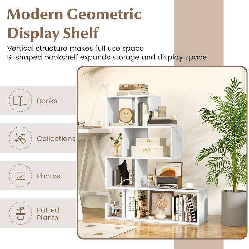 Modern Freestanding S-Shaped Geometric Bookshelf with Vertical Storage for Books and Decor - 31.5" x 8.5" x 39.5" (L x W x H)
