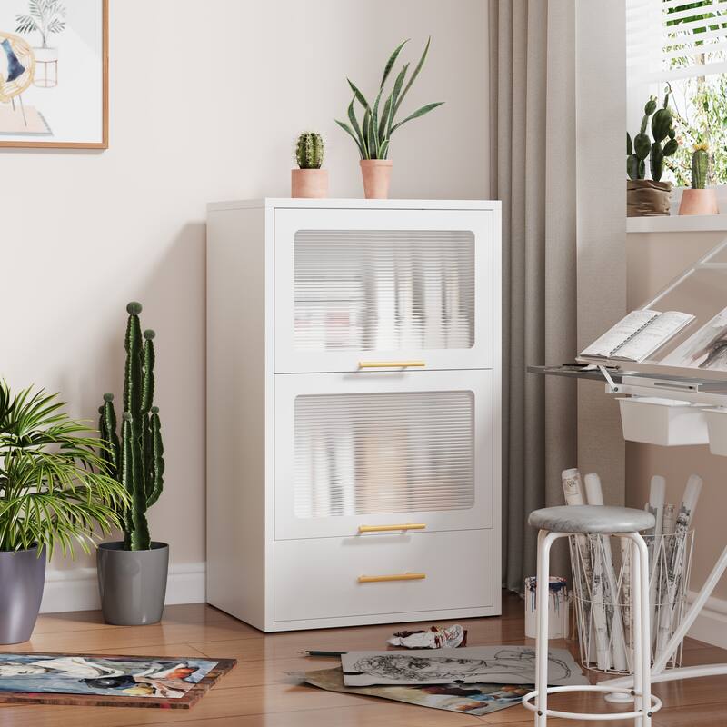 Freestanding Metal Display Storage Cabinet,Cupboard with Flip-up Acrylic Doors and Drawer - White - 2-Tier