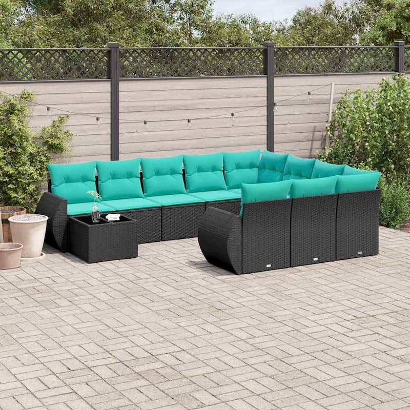 vidaXL 11 Piece Patio Sofa Set with Cushions Black Poly Rattan - 24.4" x 24.4" x 27.2" - Black and blue