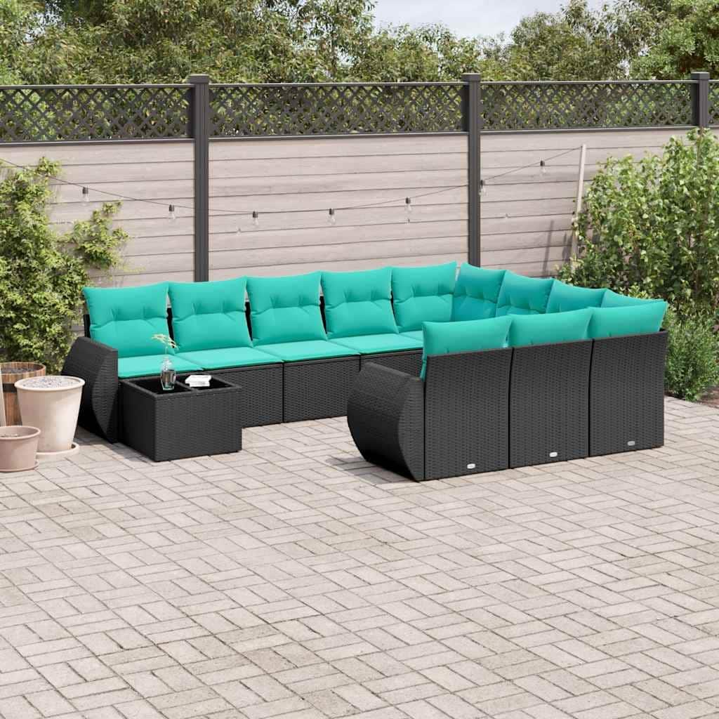 vidaXL 11 Piece Patio Sofa Set with Cushions Black Poly Rattan - 24.4" x 24.4" x 27.2"