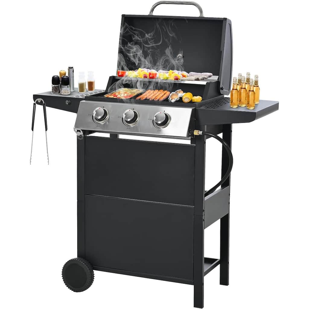 3-Burner Propane Gas BBQ Grill with Top Cover Lid, Wheels