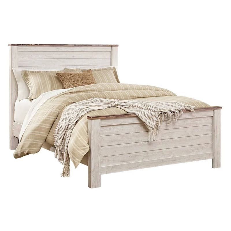 Isla Queen Panel Bed, Faux Planks Block Pattern, Whitewash & Brown Wood