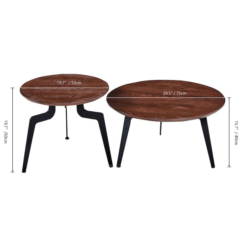 Brown Wooden Round Nesting Coffee Table Set of 2 for Living Room