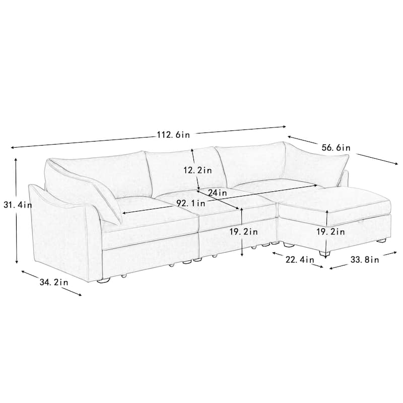 L-Shaped 3-Seater Sectional Sofa Couch with 1 Movable Ottoman & Drawers