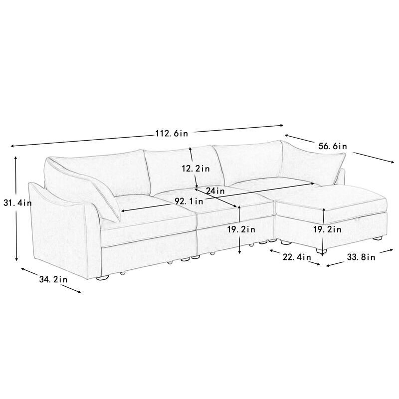 Rossetta L-Shaped Unique Structural Modular Design Wraparound Cushions Sofa with 1 Movable Ottoman