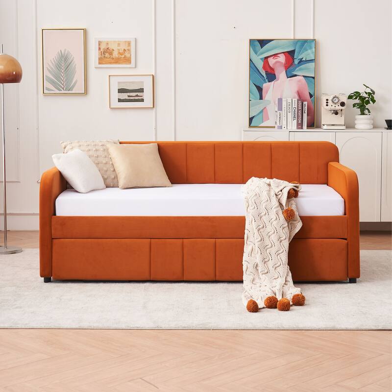 Twin Daybed with Trundle, Upholstered Velvet Frame, Space Saving Daybed Bed for Guest Room