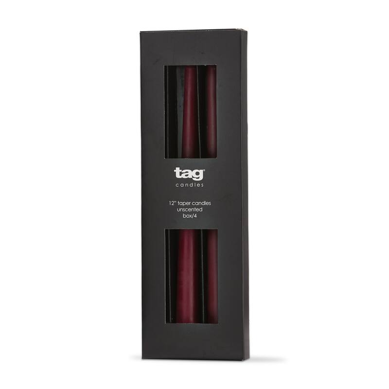Color Studio 12" Traditional Taper Unscented Smokeless Paraffin Wax Candle Wine Set of 4, Burn Time 8 hrs.