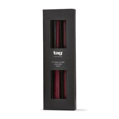Color Studio 12" Traditional Taper Unscented Smokeless Paraffin Wax Candle Wine Set of 4, Burn Time 8 hrs.
