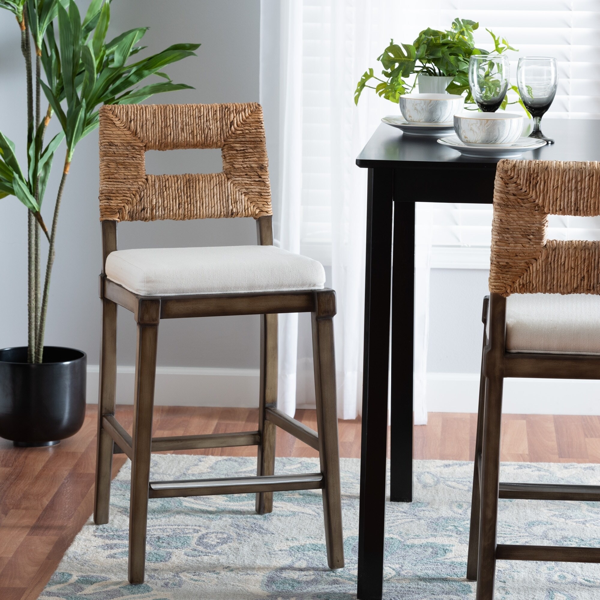 Porsha Modern Bohemian Dark Brown Finished Mahogany Wood and Natural Rattan Counter Stool