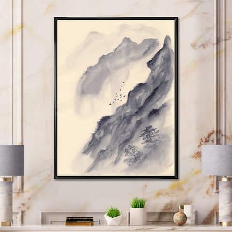 Designart 'Grey Asian Mountains With Birds' Modern Framed Canvas Wall Art Print