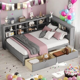 Wooden Full Size DayBed with 2 Drawers and USB Charging Ports, Grey