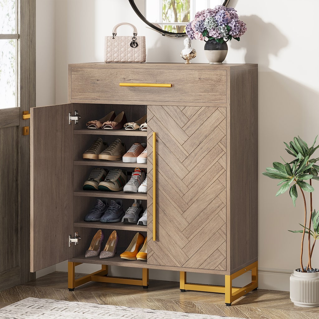 Modern 20 Pairs Shoe Cabinet with Drawer, Doors - 15.75"D x 31.5"W x 39.37"H