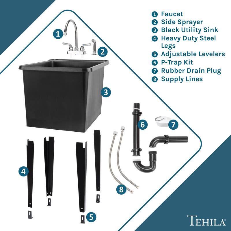 TEHILA Black 16-Gallon Space Saver Utility Sink Laundry Tub with Gooseneck Faucet