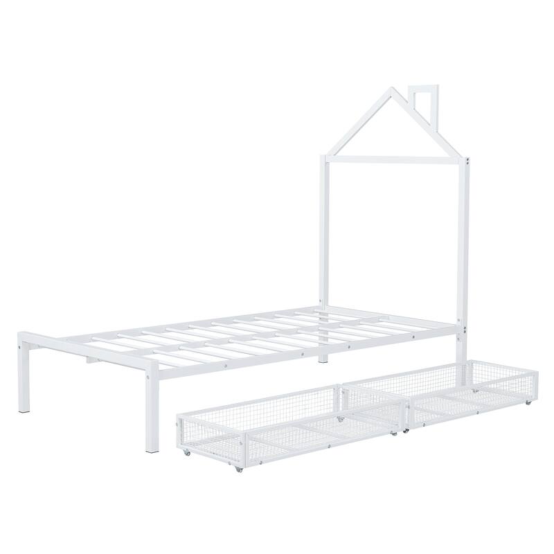 White Twin Size Metal Platform Bed with Two Drawers & House Headboard