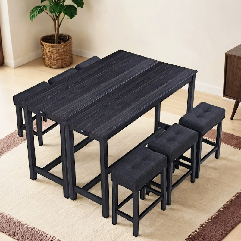 8 PCS Bar Table Dining Sets with Counter Stools and Built-in Power Outlets - DarkGrey