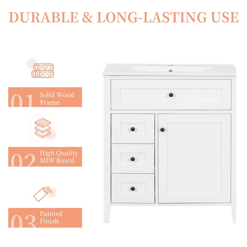 30-Inch Bathroom Vanity with Sink, MDF and Solid Wood Cabinet, 3 Drawers and Adjustable Shelf, Freestanding Design