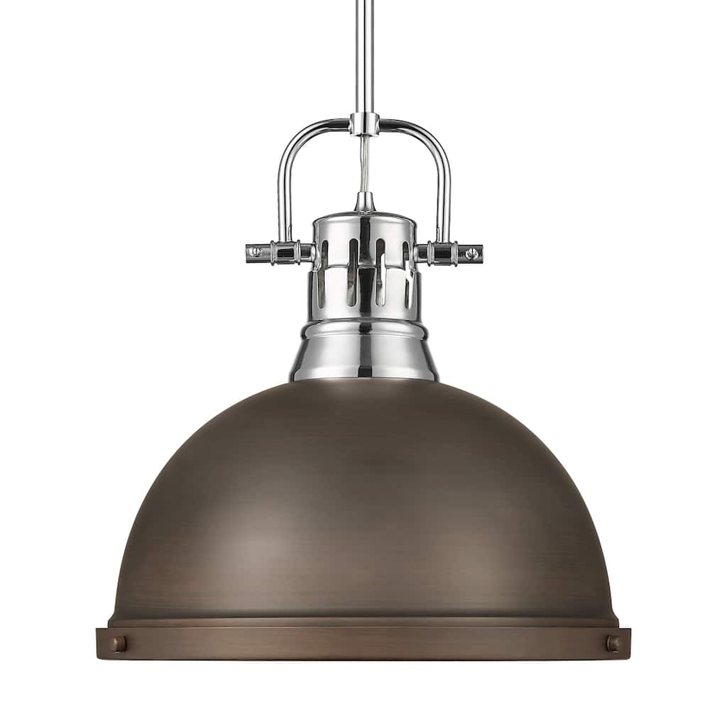 Yep by Golden Lighting Duncan 1-light 14in Rod Hung Pendant in Chrome and Rubbed Bronze shade