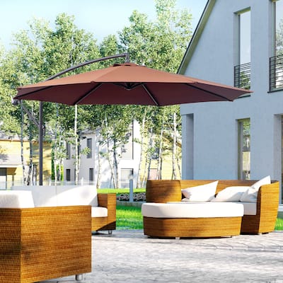 Cantilever outdoor patio umbrella with crank handle and cross base