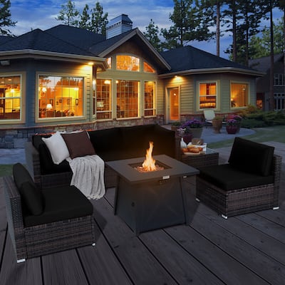 Gymax 7PCS Rattan Patio Sectional Furniture Set w/ 30'' Fire Pit Table