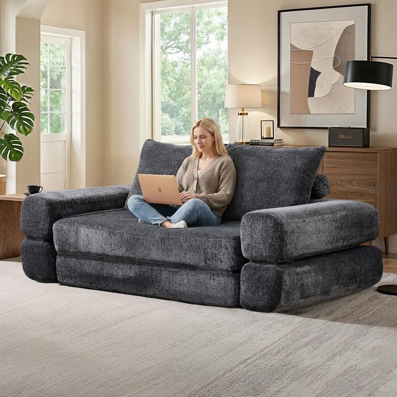Modern Chenille Convertible Sofa Bed Queen Size Split Back Design