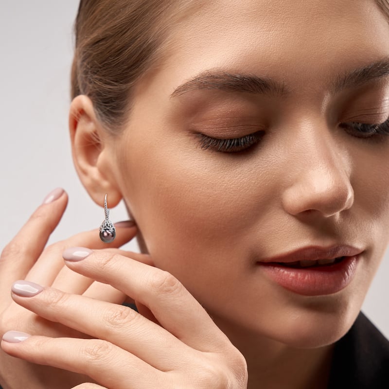 Miadora Black Tahitian Cultured Pearl Leverback Earrings in 14k White Gold (9-10mm)