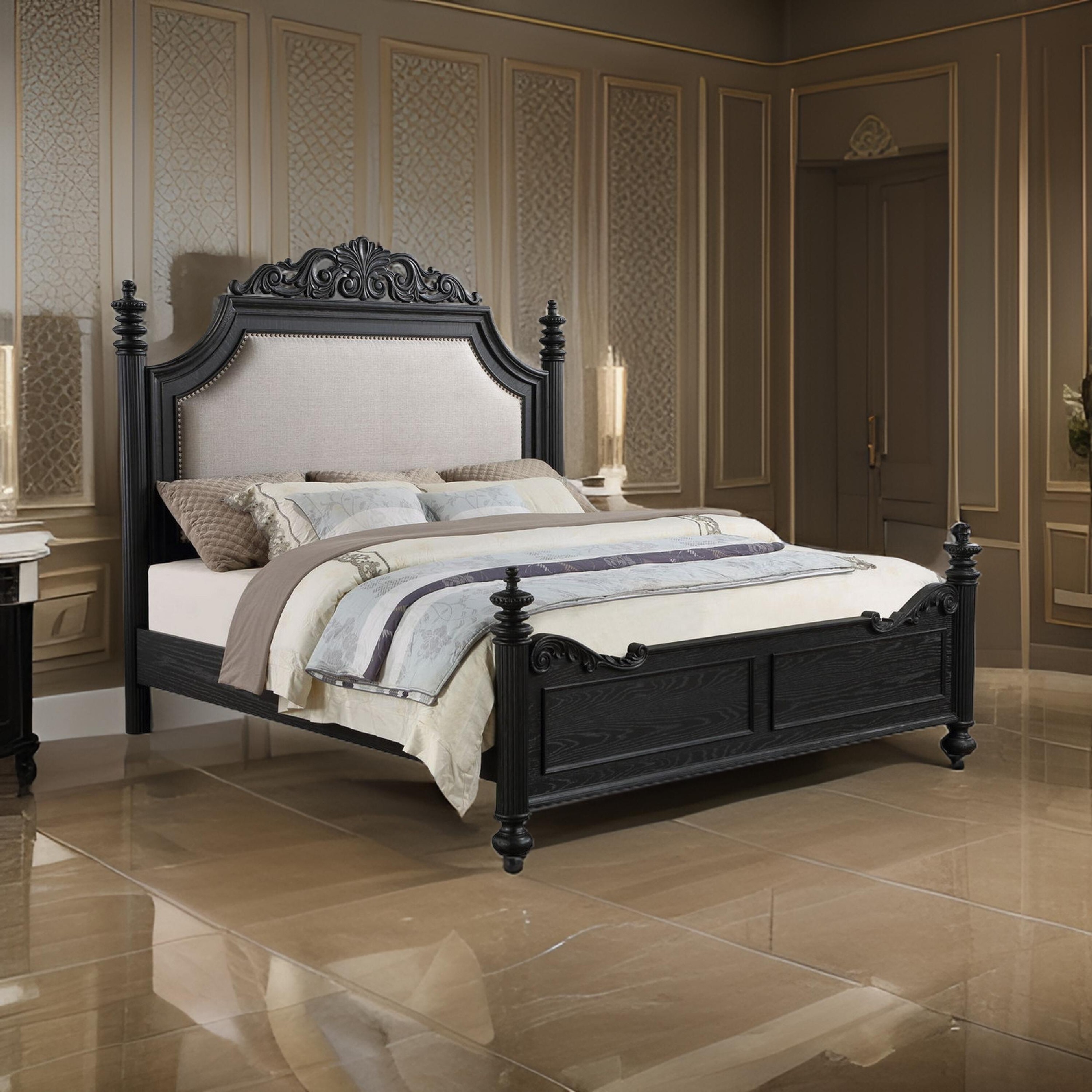 Berry Queen Size Bed, Scrolled Headboard, Cream Upholstery, Black Wood