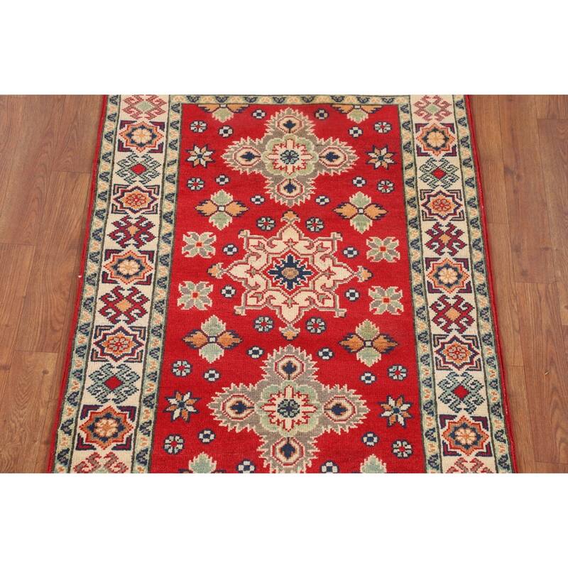 Kazak Accent Rug Hand-Knotted Geometric Red Wool Carpet - 2'10" x 4'1"