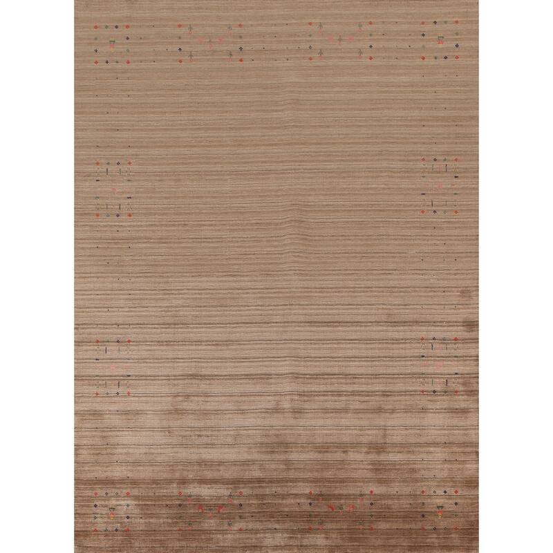 Striped Brown Gabbeh Oriental Area Rug Hand-Knotted Wool Carpet - 7'9" x 9'10"