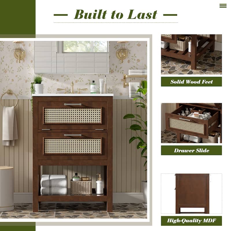 24" Bathroom Vanity with Ceramic Sink - Cabinet with 1 Deep Drawer & Tip-Out Drawer for Small/Medium Bathrooms