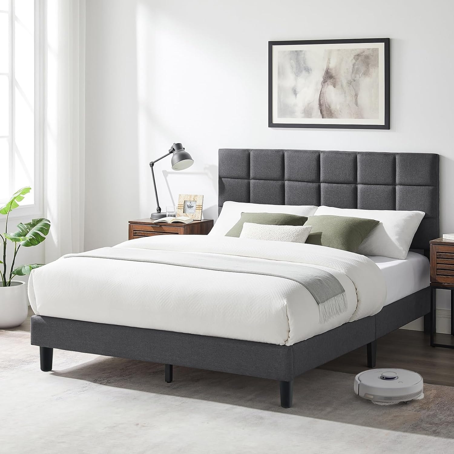 Full Size Platform Bed with Upholstered Headboard, Wooden Slats, Noise-Free, 800LBS Capacity, Grey