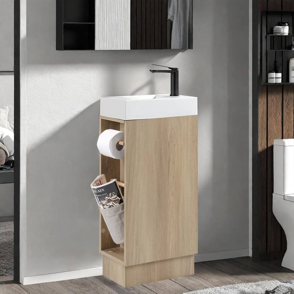 16" Small Bathroom Vanity with Sink Narrow Depth Bathroom Vanities,Wood Vanity Cabinet,with 2 Toilet Paper Holders