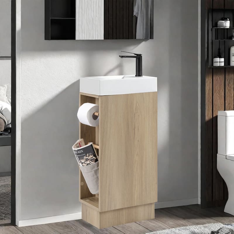 16 inch Bathroom Vanity Sink Combo Modern Floor Standing Small Bathroom Vanity with Sink Bathroom Cabinet Set - Natural Ash