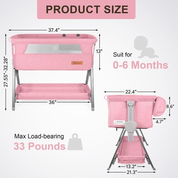 dimension image slide 1 of 2, Baby Bassinet, Portable Bedside Sleeper for Baby, 7 Height Adjustable Bedside Bassinet with Wheels, Mattress Included