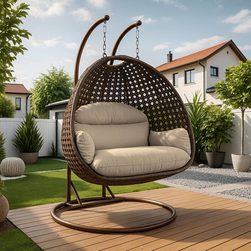 LeisureMod Mendoza Dark Brown 2 Seater Wicker Patio Hanging Double Swing Chair for Patio Porch Backyard Garden - 53"