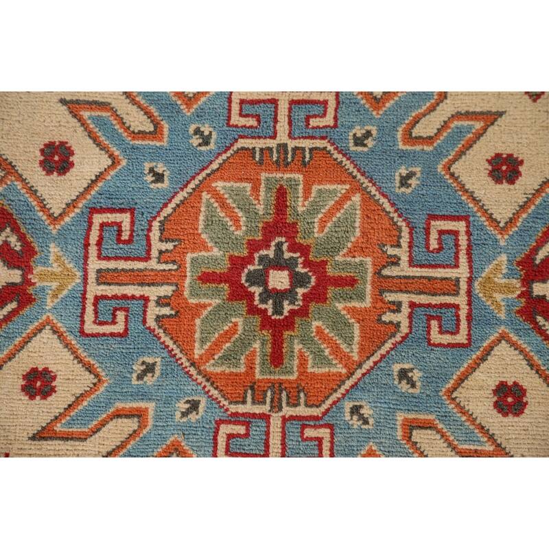 Geometric Kazak Oriental Area Rug Handmade Yellow Wool Carpet - 6'10" x 10'7"