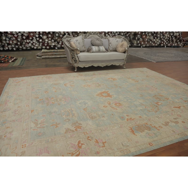 Handmade Wool Oushak Vegetable Dye Large Rug, Floral Geometric Carpet - 14' 0'' X 10' 3''