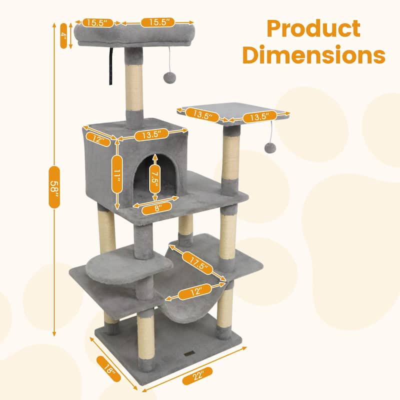 Costway 58” Tall Multi-level Cat Tree with Upholstered Perch & Cat - See Details