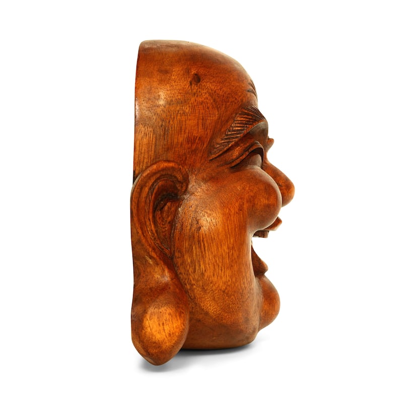Wooden Wall Mask Laughing Smiling Happy Buddha Head Statue Hand Carved Stand Sculpture Handmade Figurine Decor Art Wall Hanging