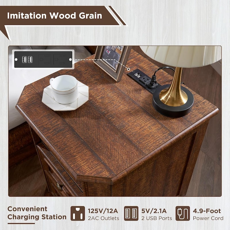 18" Farmhouse Nightstand with Charging Station, End Table,Side Table