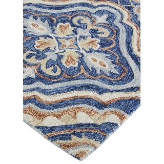 5' X 8' Blue Orange And Ivory Wool Geometric Tufted Handmade Stain ...
